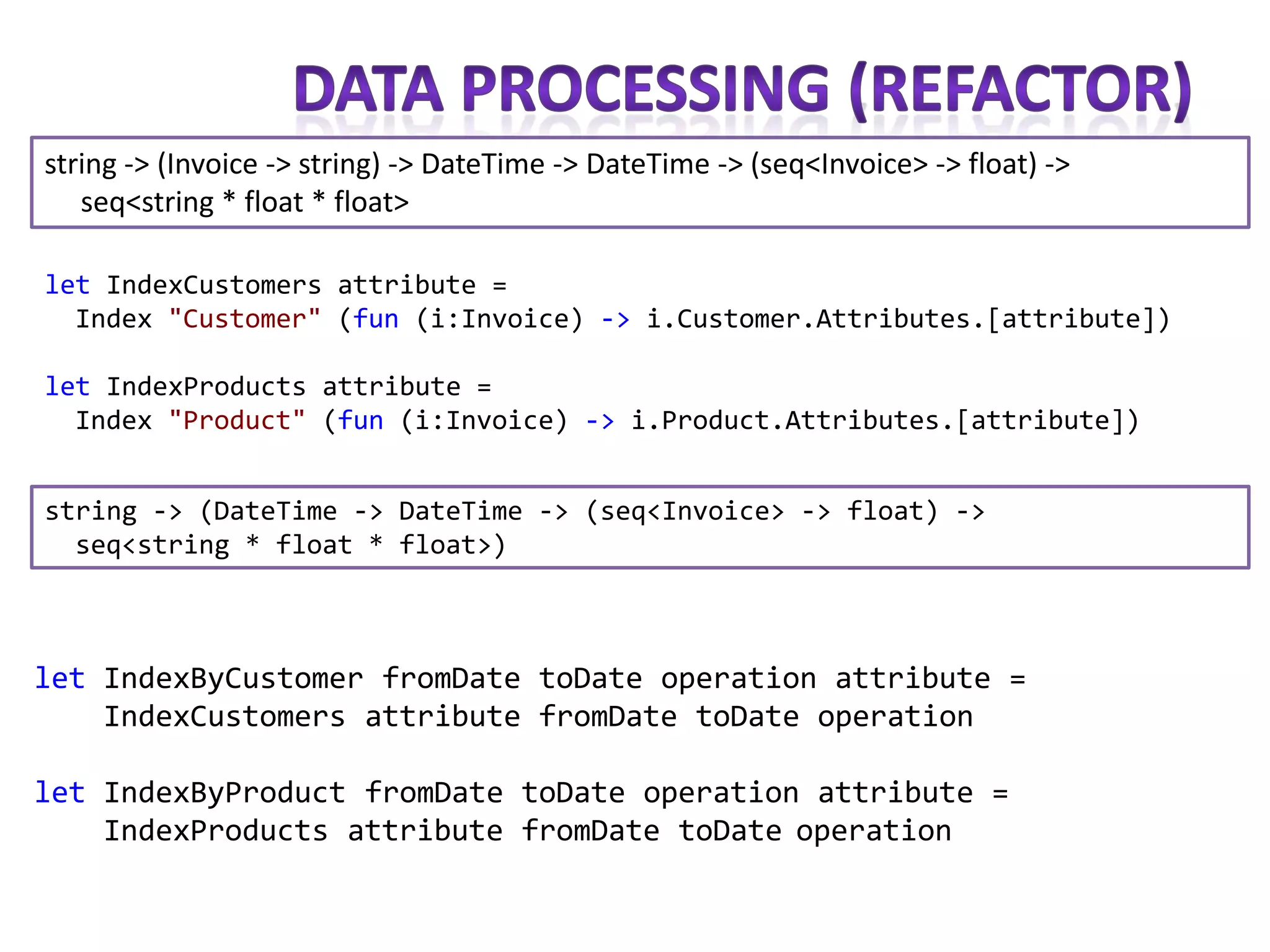 string -> (Invoice -> string) -> DateTime -> DateTime -> (seq<Invoice> -> float) ->
   seq<string * float * float>

let IndexCustomers attribute =
  Index "Customer" (fun (i:Invoice) -> i.Customer.Attributes.[attribute])

let IndexProducts attribute =
  Index "Product" (fun (i:Invoice) -> i.Product.Attributes.[attribute])


string -> (DateTime -> DateTime -> (seq<Invoice> -> float) ->
  seq<string * float * float>)



let IndexByCustomer fromDate toDate operation attribute =
    IndexCustomers attribute fromDate toDate operation

let IndexByProduct fromDate toDate operation attribute =
    IndexProducts attribute fromDate toDate operation
 