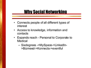 Why Social Networking Connects people of all different types of interest Access to knowledge, information and contacts Expands reach - Personal to Corporate to Medical Sixdegrees ->MySpace->LinkedIn->Bizmeed->Konnects->eventful 
