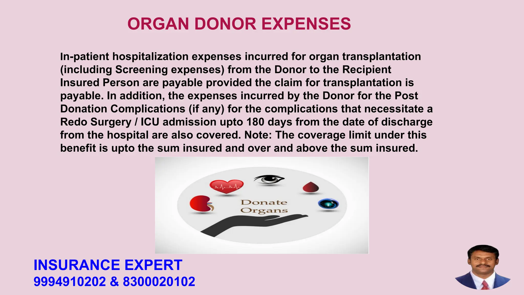 ORGAN DONOR EXPENSES
In-patient hospitalization expenses incurred for organ transplantation
(including Screening expenses) from the Donor to the Recipient
Insured Person are payable provided the claim for transplantation is
payable. In addition, the expenses incurred by the Donor for the Post
Donation Complications (if any) for the complications that necessitate a
Redo Surgery / ICU admission upto 180 days from the date of discharge
from the hospital are also covered. Note: The coverage limit under this
benefit is upto the sum insured and over and above the sum insured.
INSURANCE EXPERT
9994910202 & 8300020102
 