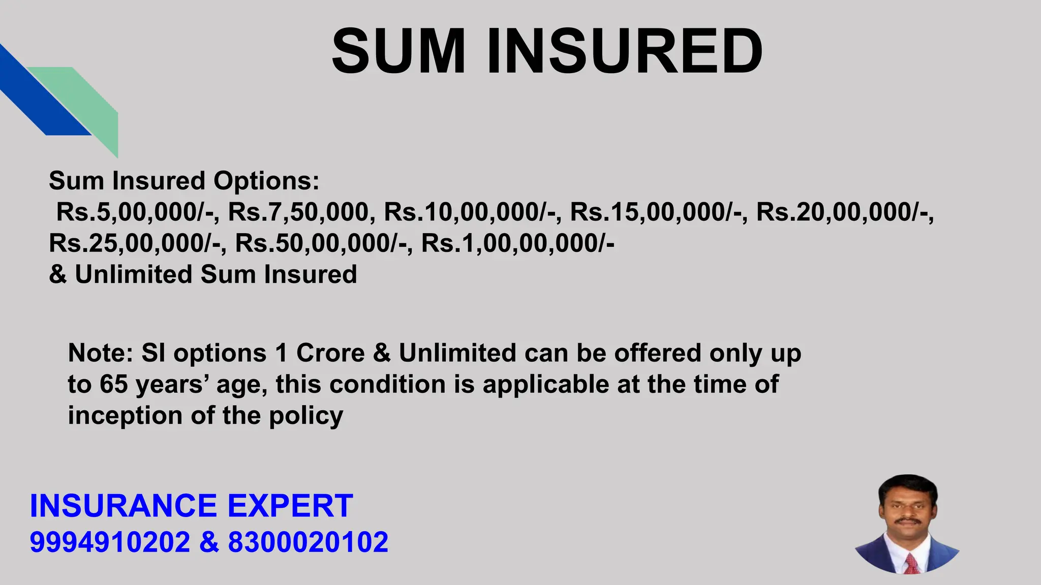 SUM INSURED
Sum Insured Options:
Rs.5,00,000/-, Rs.7,50,000, Rs.10,00,000/-, Rs.15,00,000/-, Rs.20,00,000/-,
Rs.25,00,000/-, Rs.50,00,000/-, Rs.1,00,00,000/-
& Unlimited Sum Insured
Note: SI options 1 Crore & Unlimited can be offered only up
to 65 years’ age, this condition is applicable at the time of
inception of the policy
INSURANCE EXPERT
9994910202 & 8300020102
 