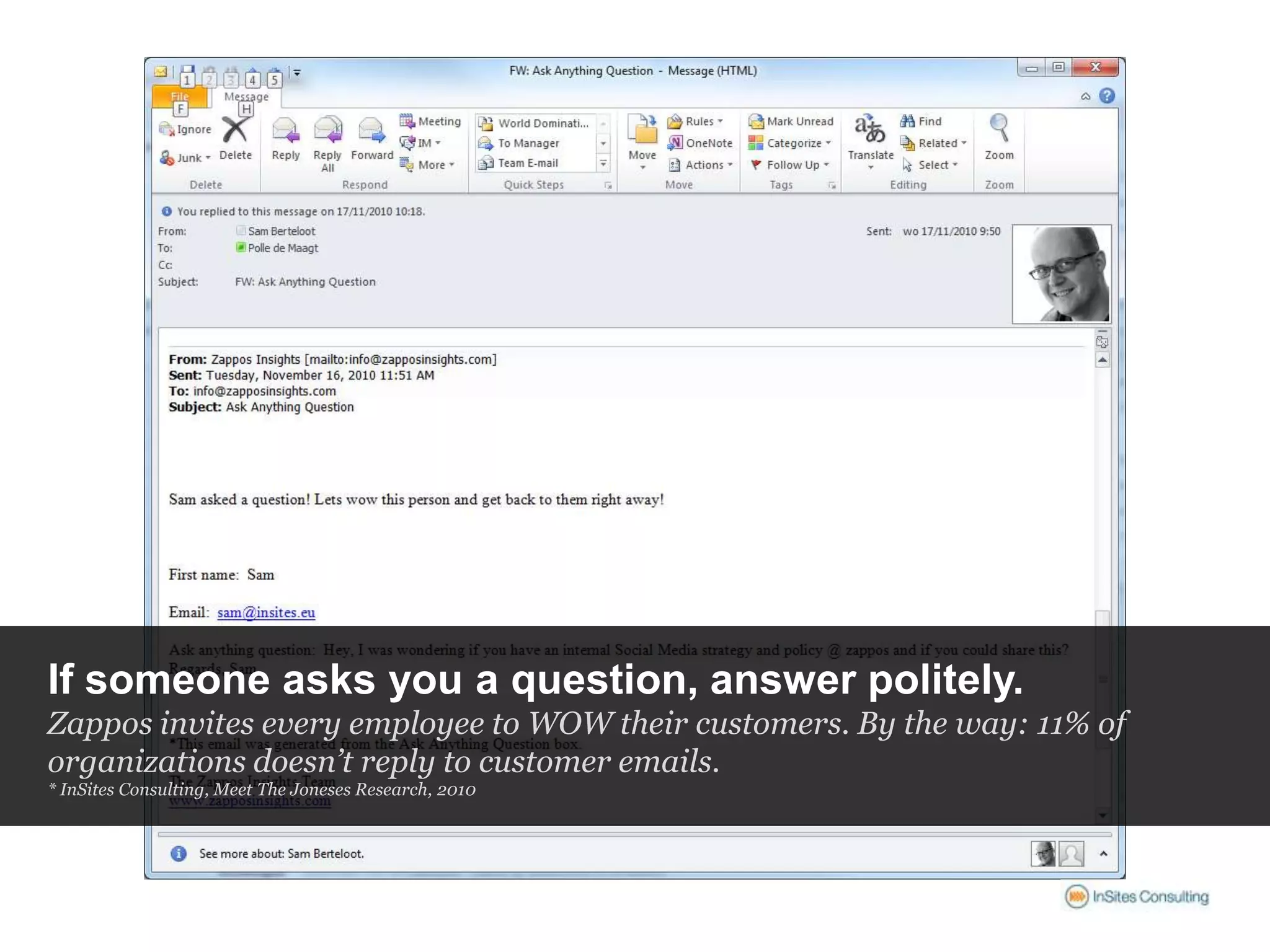 If someone asks you a question, answer politely.
Zappos invites every employee to WOW their customers. By the way: 11% of
organizations doesn’t reply to customer emails.
* InSites Consulting, Meet The Joneses Research, 2010
 