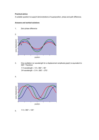 Practical advice
A suitable question to support demonstrations of superposition, phase and path difference.


Answers and worked solutions


1.      Zero phase difference


2.

                A+B

            A
        B




                             position


3.      One oscillation (or wavelength for a displacement amplitude graph) is equivalent to
        360º. Therefore:
        1/ 4 wavelength = 1/4 × 360° = 90°
        3/4 wavelength = 3 / 4 × 360° = 270°.


4.




                             position


        1/ 3 × 360° = 120°
5.
 