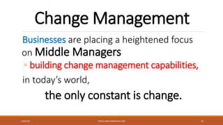 Change Management
Businesses are placing a heightened focus
on Middle Managers
◦ building change management capabilities,
in today’s world,
the only constant is change.
9/6/2018 WWW.ABOVEORBANDJM.COM 16
 