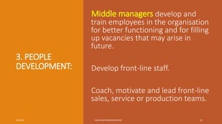 3. PEOPLE
DEVELOPMENT:
Middle managers develop and
train employees in the organisation
for better functioning and for filling
up vacancies that may arise in
future.
Develop front-line staff.
Coach, motivate and lead front-line
sales, service or production teams.
9/6/2018 WWW.ABOVEORBANDJM.COM 21
 