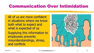 9/6/2018 www.AboveorBandJM.com 259/6/2018 www.jobbank-ja.com 25
Communication Over Intimidation
o All of us are more confident
in situations where we know
both what to expect and
what is expected of us
o Supplying this information to
employees prevents
misunderstandings, stress,
and conflicts
 