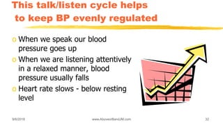 9/6/2018 www.AboveorBandJM.com 32
This talk/listen cycle helps
to keep BP evenly regulated
o When we speak our blood
pressure goes up
o When we are listening attentively
in a relaxed manner, blood
pressure usually falls
o Heart rate slows - below resting
level
 