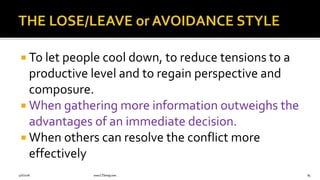  To let people cool down, to reduce tensions to a
productive level and to regain perspective and
composure.
 When gathering more information outweighs the
advantages of an immediate decision.
 When others can resolve the conflict more
effectively
9/6/2018 www.LTSemaj.com 85
 