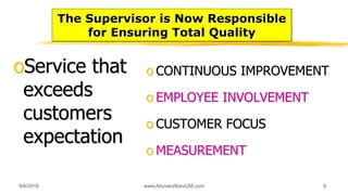 The Supervisor is Now Responsible
for Ensuring Total Quality
oService that
exceeds
customers
expectation
o CONTINUOUS IMPROVEMENT
o EMPLOYEE INVOLVEMENT
o CUSTOMER FOCUS
o MEASUREMENT
9/6/2018 9www.AboveorBandJM.com
 