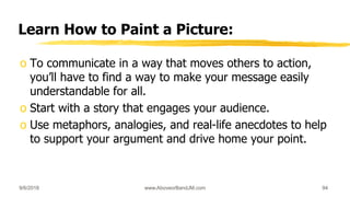 Learn How to Paint a Picture:
o To communicate in a way that moves others to action,
you’ll have to find a way to make your message easily
understandable for all.
o Start with a story that engages your audience.
o Use metaphors, analogies, and real-life anecdotes to help
to support your argument and drive home your point.
9/6/2018 www.AboveorBandJM.com 94
 