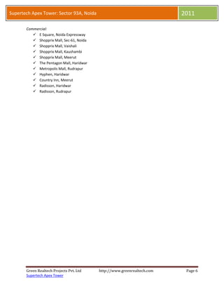 Supertech Apex Tower: Sector 93A, Noida                                   2011

       Commercial:
           E Square, Noida Expressway
           Shopprix Mall, Sec-61, Noida
           Shopprix Mall, Vaishali
           Shopprix Mall, Kaushambi
           Shopprix Mall, Meerut
           The Pentagon Mall, Haridwar
           Metropolis Mall, Rudrapur
           Hyphen, Haridwar
           Country Inn, Meerut
           Radisson, Haridwar
           Radisson, Rudrapur




       Green Realtech Projects Pvt. Ltd    http://www.greenrealtech.com    Page 6
       Supertech Apex Tower
 