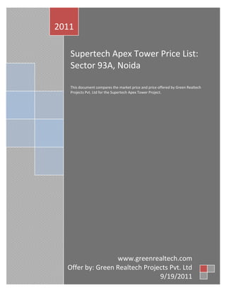 2011

   Supertech Apex Tower Price List:
   Sector 93A, Noida

   This document compares the market price and price offered by
   Green Realtech Projects Pvt. Ltd for the Supertech Apex Tower
   Project.


   Real Estate Group Buying: Form a group with like-minded people
   for Supertech Apex Tower Project to avail bulk discount, due
   diligence, and advisory.




                  www.greenrealtech.com
  Offer by: Green Realtech Projects Pvt. Ltd
             +91 9971884499, 9971889899
                                9/19/2011
 