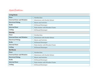Specification:
Living Room
Floor                      :   Vitrified tiles
External Door and Window   :   Aluminium with Double Rebate
Electrical Fitting         :   Sheets and Switches
Walls                      :   Oil Bound Distemper
Internal Door              :   Flash shutter with Wooden Frame
Ceiling                    :   Oil Bound Distemper
Dinning
Floor                      :   Vitrified tiles
External Door and Window   :   Aluminium with Double Rebate
Electrical Fitting         :   Sheets and Switches
Walls                      :   Oil Bound Distemper
Internal Door              :   Flash shutter with Wooden Frame
Ceiling                    :   Oil Bound Distemper
Bed Room
Floor                      :   Vitrified tiles
External Door and Window   :   Aluminium with Double Rebate
Electrical Fitting         :   Sheets and Switches
Walls                      :   Oil Bound Distemper
Internal Door              :   Flash shutter with Wooden Frame
Ceiling                    :   Oil Bound Distemper
 