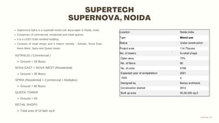 SUPERTECH
SUPERNOVA, NOIDA
Supernova Spira is a supertall mixed use skyscraper in Noida, India.
Comprises of commercial, residential and retail spaces.
It is a LEED Gold certified building.
Consists of retail shops and 5 towers namely - Astralis, Nova East,
Nova West, Spira and Queen tower.
Ground + 28 floors
Ground + 35 floors
Ground + 80 floors
Ground + 40
Total area of 10 lakh sq.ft.
ASTRALIS ( Commercial )
NOVA EAST + NOVA WEST (Residential)
SPIRA (Residential + Commercial + Multiplex)
QUEEN TOWER
RETAIL SHOPS
DESIGN VIII
 