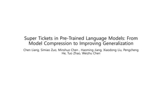 Super Tickets in Pre-Trained Language Models: From
Model Compression to Improving Generalization
Chen Liang, Simiao Zuo, Minshuo Chen , Haoming Jiang, Xiaodong Liu, Pengcheng
He, Tuo Zhao, Weizhu Chen
 