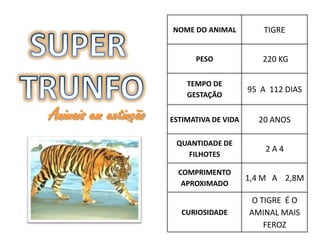NOME DO ANIMAL          TIGRE


                            PESO              220 KG

                          TEMPO DE
                                           95 A 112 DIAS
                          GESTAÇÃO

Animais em extinção   ESTIMATIVA DE VIDA     20 ANOS

                       QUANTIDADE DE
                                               2A4
                         FILHOTES

                        COMPRIMENTO
                                           1,4 M A 2,8M
                         APROXIMADO

                                            O TIGRE É O
                        CURIOSIDADE        AMINAL MAIS
                                               FEROZ
 