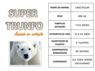 NOME DO ANIMAL         URSO POLAR


                            PESO               600 kG

                          TEMPO DE
                                             7 A 8 MESES
                          GESTAÇÃO


Animais em extinção   ESTIMATIVA DE VIDA    15 A 18 ANOS

                       QUANTIDADE DE
                                             3 FILHOTES
                         FILHOTES

                        COMPRIMENTO
                                             90 METROS
                         APROXIMADO

                                           ELE PODE MATAR
                         CURIOSIDADE
                                             UM HUMANO
 