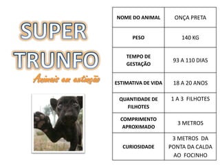 NOME DO ANIMAL        ONÇA PRETA


                            PESO               140 KG


                          TEMPO DE
                                            93 A 110 DIAS
                          GESTAÇÃO


Animais em extinção   ESTIMATIVA DE VIDA    18 A 20 ANOS

                       QUANTIDADE DE       1 A 3 FILHOTES
                         FILHOTES

                        COMPRIMENTO
                                             3 METROS
                         APROXIMADO

                                            3 METROS DA
                         CURIOSIDADE       PONTA DA CALDA
                                            AO FOCINHO
 