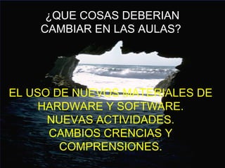 ¿QUE COSAS DEBERIAN
CAMBIAR EN LAS AULAS?
EL USO DE NUEVOS MATERIALES DE
HARDWARE Y SOFTWARE.
NUEVAS ACTIVIDADES.
CAMBIOS CRENCIAS Y
COMPRENSIONES.
 
