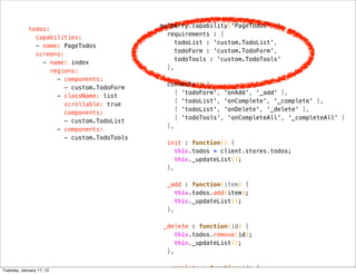 mulberry.capability('PageTodos', {
            todos:
                                              requirements : {
              capabilities:
                                                 todoList : 'custom.TodoList',
              - name: PageTodos
                                                 todoForm : 'custom.TodoForm',
              screens:
                                                 todoTools : 'custom.TodoTools'
                - name: index
                                              },
                  regions:
                    - components:
                                              connects : [
                       - custom.TodoForm
                                                 [ 'todoForm', 'onAdd', '_add' ],
                    - className: list
                                                 [ 'todoList', 'onComplete', '_complete' ],
                      scrollable: true
                                                 [ 'todoList', 'onDelete', '_delete' ],
                      components:
                                                 [ 'todoTools', 'onCompleteAll', '_completeAll' ]
                       - custom.TodoList
                                              ],
                    - components:
                       - custom.TodoTools
                                              init : function() {
                                                 this.todos = client.stores.todos;
                                                 this._updateList();
                                              },

                                              _add : function(item) {
                                                 this.todos.add(item);
                                                 this._updateList();
                                              },

                                             _delete : function(id) {
                                                 this.todos.remove(id);
                                                 this._updateList();
                                              },


Tuesday, January 17, 12                       _complete : function(id) {
 