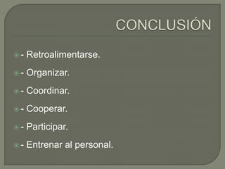 -   Retroalimentarse.
-   Organizar.
-   Coordinar.
-   Cooperar.
-   Participar.
-   Entrenar al personal.
 