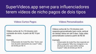 SuperVideos.app serve para influenciadores
terem vídeos de nicho pagos de dois tipos
Vídeos curtos de 5 a 10 minutos com
conteúdo de nicho. A partir de R$ 10 por
vídeo.
Exemplo:
- Influenciador de moda Plus Size: “Como usar
tons de preto valorizando seu corpo?” vídeo
de 5m45s por R$ 15
Vídeos curtos de 5 a 10 minutos com
resposta personalizada (sem corte, vertical
do celular) feitos em até 5 dias. Cada vídeo
personalizado custará a partir de R$ 50
Exemplo:
- Influenciador de moda Plus Size responde em
vídeo a pergunta “Olha meu instagram e me
dê dicas de como usar melhor minhas
roupas?” vídeo de 6m32s por R$ 70
Vídeos Curtos Pagos Vídeos Personalizados
 