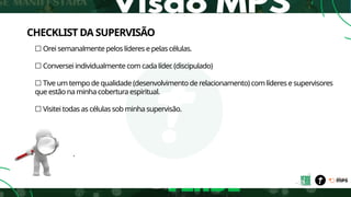 CHECKLIST DA SUPERVISÃO
☐ Orei semanalmente pelos líderes e pelas células.
☐ Conversei individualmente com cada líder
. (discipulado)
☐ Tive um tempo de qualidade (desenvolvimento de relacionamento) com líderes e supervisores
que estão na minha cobertura espiritual.
☐ Visitei todas as células sob minha supervisão.
.
 