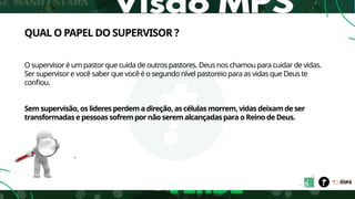 QUAL O PAPEL DO SUPERVISOR ?
O supervisor é um pastor que cuida de outros pastores. Deus nos chamou para cuidar de vidas.
Ser supervisor e você saber que você é o segundo nível pastoreio para as vidas que Deus te
confiou.
Sem supervisão, os lideres perdem a direção, as células morrem, vidas deixam de ser
transformadas e pessoas sofrem por não serem alcançadas para o Reino de Deus.
.
 