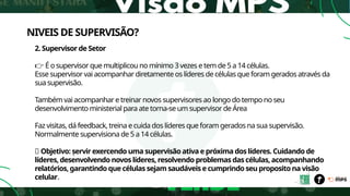 NIVEIS DE SUPERVISÃO?
2. Supervisor de Setor
👉 É o supervisor que multiplicou no mínimo 3 vezes e tem de 5 a 14 células.
Esse supervisor vai acompanhar diretamente os líderes de células que foram gerados através da
sua supervisão.
Também vai acompanhar e treinar novos supervisores ao longo do tempo no seu
desenvolvimento ministerial para ate torna-se um supervisor de Área
Faz visitas, dá feedback, treina e cuida dos líderes que foram gerados na sua supervisão.
Normalmente supervisiona de 5 a 14 células.
🔹 Objetivo: servir exercendo uma supervisão ativa e próxima dos líderes. Cuidando de
líderes, desenvolvendo novos líderes, resolvendo problemas das células, acompanhando
relatórios, garantindo que células sejam saudáveis e cumprindo seu proposito na visão
celular.
.
 