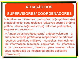  Analisar as diferentes produções do(a) professor(a),
principalmente, seus registros reflexivos sobre a própria
prática, dando ao(à) mesmo(a) retornos pertinentes,
seguros e construtivos.
 Ajudar os(as) professores(as) a desenvolverem a
sua competência profissional (capacidade de articular
recursos cognitivos múltiplos – conceitos, conhecimen-
tos, informações, hipóteses, esquemas de inferência
e de processamento, métodos) para resolver situa-
ções complexas ou incertas da prática educativa
(Perrenoud).
 
