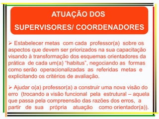  Estabelecer metas com cada professor(a) sobre os
aspectos que devem ser priorizados na sua capacitação
visando à transformação dos esquemas orientadores da
prática de cada um(a) “habitus”, negociando as formas
como serão operacionalizadas as referidas metas e
explicitando os critérios de avaliação.
 Ajudar o(a) professor(a) a construir uma nova visão do
erro (trocando a visão funcional pela estrutural – aquela
que passa pela compreensão das razões dos erros, a
partir de sua própria atuação como orientador(a)).
 