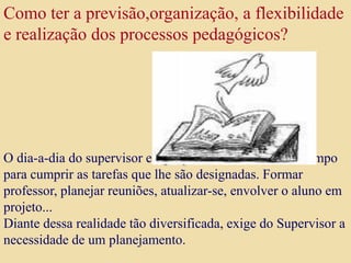 Como ter a previsão,organização, a flexibilidade
e realização dos processos pedagógicos?
O dia-a-dia do supervisor exige que ele administre seu tempo
para cumprir as tarefas que lhe são designadas. Formar
professor, planejar reuniões, atualizar-se, envolver o aluno em
projeto...
Diante dessa realidade tão diversificada, exige do Supervisor a
necessidade de um planejamento.
 