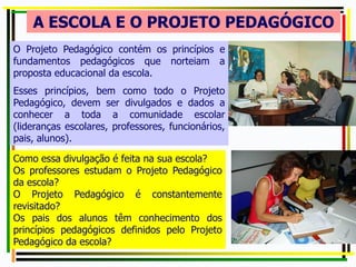 A ESCOLA E O PROJETO PEDAGÓGICO
O Projeto Pedagógico contém os princípios e
fundamentos pedagógicos que norteiam a
proposta educacional da escola.
Esses princípios, bem como todo o Projeto
Pedagógico, devem ser divulgados e dados a
conhecer a toda a comunidade escolar
(lideranças escolares, professores, funcionários,
pais, alunos).
Como essa divulgação é feita na sua escola?
Os professores estudam o Projeto Pedagógico
da escola?
O Projeto Pedagógico é constantemente
revisitado?
Os pais dos alunos têm conhecimento dos
princípios pedagógicos definidos pelo Projeto
Pedagógico da escola?
 