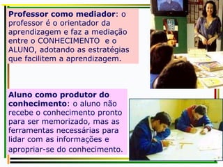 Professor como mediador: o
professor é o orientador da
aprendizagem e faz a mediação
entre o CONHECIMENTO e o
ALUNO, adotando as estratégias
que facilitem a aprendizagem.
Aluno como produtor do
conhecimento: o aluno não
recebe o conhecimento pronto
para ser memorizado, mas as
ferramentas necessárias para
lidar com as informações e
apropriar-se do conhecimento.
 