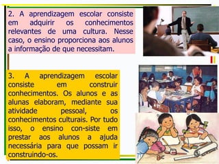 2. A aprendizagem escolar consiste
em adquirir os conhecimentos
relevantes de uma cultura. Nesse
caso, o ensino proporciona aos alunos
a informação de que necessitam.
3. A aprendizagem escolar
consiste em construir
conhecimentos. Os alunos e as
alunas elaboram, mediante sua
atividade pessoal, os
conhecimentos culturais. Por tudo
isso, o ensino con-siste em
prestar aos alunos a ajuda
necessária para que possam ir
construindo-os.
 