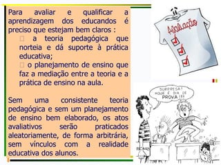 Para avaliar e qualificar a
aprendizagem dos educandos é
preciso que estejam bem claros :
a teoria pedagógica que
norteia e dá suporte à prática
educativa;
o planejamento de ensino que
faz a mediação entre a teoria e a
prática de ensino na aula.
Sem uma consistente teoria
pedagógica e sem um planejamento
de ensino bem elaborado, os atos
avaliativos serão praticados
aleatoriamente, de forma arbitrária,
sem vínculos com a realidade
educativa dos alunos.
 