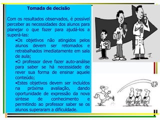 Tomada de decisão
Com os resultados observados, é possível
perceber as necessidades dos alunos para
planejar o que fazer para ajudá-los a
superá-las:
•Os objetivos não atingidos pelos
alunos devem ser retomados e
retrabalhados imediatamente em sala
de aula;
•O professor deve fazer auto-análise
para saber se há necessidade de
rever sua forma de ensinar aquele
conteúdo;
•Estes objetivos devem ser incluídos
na próxima avaliação, dando
oportunidade de expressão da nova
síntese de conhecimento e
permitindo ao professor saber se os
alunos superaram a dificuldade.
 