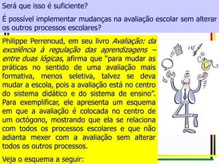 Philippe Perrenoud, em seu livro Avaliação: da
excelência à regulação das aprendizagens –
entre duas lógicas, afirma que “para mudar as
práticas no sentido de uma avaliação mais
formativa, menos seletiva, talvez se deva
mudar a escola, pois a avaliação está no centro
do sistema didático e do sistema de ensino”.
Para exemplificar, ele apresenta um esquema
em que a avaliação é colocada no centro de
um octógono, mostrando que ela se relaciona
com todos os processos escolares e que não
adianta mexer com a avaliação sem alterar
todos os outros processos.
Veja o esquema a seguir:
Será que isso é suficiente?
É possível implementar mudanças na avaliação escolar sem alterar
os outros processos escolares?
 
