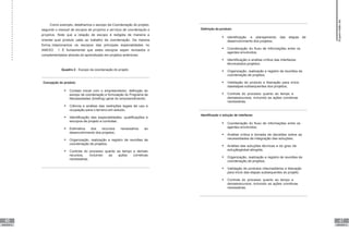 46
UNIDADE III
47
UNIDADE III
Como exemplo, detalhamos o escopo da Coordenação do projeto,
segundo o manual de escopos de projetos e serviços de coordenação e
projetos. Note que a relação de escopo é redigida de maneira a
orientar qual produto cabe ao trabalho de coordenação. Da mesma
forma, relacionamos os escopos das principais especialidades no
ANEXO 1. É fundamental que estes escopos sejam revisados e
complementados através do aprendizado em projetos anteriores.
Quadro 2 - Escopo da coordenação do projeto
Concepção do produto:
 Contato inicial com o empreendedor, definição do
escopo de coordenação e formulação do Programa de
Necessidades (briefing) geral do empreendimento;
 Ciência e análise das restrições legais de uso e
ocupação para o terreno em estudo;
 Identificação das especialidades, qualificações e
escopos de projeto a contratar;
 Estimativa dos recursos necessários ao
desenvolvimento dos projetos;
 Organização, realização e registro de reuniões de
coordenação de projetos;
 Controle do processo quanto ao tempo e demais
recursos, incluindo as ações corretivas
necessárias.
Definição do produto:
 Identificação e planejamento das etapas de
desenvolvimento dos projetos;
 Coordenação do fluxo de informações entre os
agentes envolvidos;
 Identificação e análise crítica das interfaces
técnicasdos projetos;
 Organização, realização e registro de reuniões de
coordenação de projetos;
 Validação do produto e liberação para início
dasetapas subsequentes dos projetos;
 Controle do processo quanto ao tempo e
demaisrecursos, incluindo as ações corretivas
necessárias.
Identificação e solução de interfaces:
 Coordenação do fluxo de informações entre os
agentes envolvidos;
 Análise crítica e tomada de decisões sobre as
necessidades de integração das soluções;
 Análise das soluções técnicas e do grau de
soluçãoglobal atingida;
 Organização, realização e registro de reuniões de
coordenação de projetos;
 Validação de produtos intermediários e liberação
para início das etapas subsequentes do projeto;
 Controle do processo quanto ao tempo e
demaisrecursos, incluindo as ações corretivas
necessárias.
Supervisão
de
projetos
 