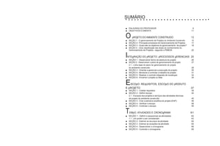 SUMÁRIO
■ PALAVRAS DO PROFESSOR 9
■ OBJETIVOS E EMENTA 11
O pROjETO DO AMbIENTE CONSTRUíDO 13
■ SEÇÃO 1 - O gerenciamento de Projetos do Ambiente Construído 15
■ SEÇÃO 2 - Principais processos do Gerenciamento de Projetos 17
■ SEÇÃO 3 - Quais são os objetivos do gerenciamento de projeto? 18
■ SEÇÃO 4 - Uma classificação das áreas de conhecimento do
Gerenciamento de Projetos - segundo o PMBOK 20
INTEgRAÇÃO DO pROjETO: pROCESSOS gERENCIAIS 25
■ SEÇÃO 1 - Desenvolver termo de abertura do projeto 26
■ SEÇÃO 2 - Desenvolver o plano de gerenciamento do projeto 27
2.1 - Linha base do plano de gerenciamento do projeto
do ambiente construído 28
■ SEÇÃO 3 - Orientar e gerenciar a execução do projeto 30
■ SEÇÃO 4 - Monitorar e controlar o trabalho do projeto 31
■ SEÇÃO 5 - Realizar o controle integrado de mudanças 32
■ SEÇÃO 6 - Encerrar o projeto ou fase 34
ESCOpO: REqUISITOS, ESCOpO DO pRODUTO
E pROjETO 37
■ SEÇÃO 1 - Coletar requisitos 39
■ SEÇÃO 2 - Definir escopo 44
2.1 - Escopos dos projetos e serviços das atividades técnicas
de projeto do ambiente construído 45
■ SEÇÃO 3 - Criar a estrutura analítica do projeto (EAP) 56
■ SEÇÃO 4 - Verificar o escopo 58
■ SEÇÃO 5 - Controlar o escopo 59
TEMpO: ATIvIDADES E CRONOgRAMA 61
■ SEÇÃO 1 - Definir e sequenciar as atividades 62
1.1 - Um porém a ser considerado 63
■ SEÇÃO 2 - Estimar os recursos da atividade 64
■ SEÇÃO 3 - Estimar as durações da atividade 65
■ SEÇÃO 4 - Desenvolver o cronograma 66
■ SEÇÃO 5 - Controlar o cronograma 69
 