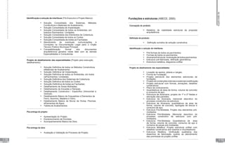 Identificação e solução de interfaces (Pré-Executivo e Projeto Básico):
 Solução Consolidada dos Sistemas, Métodos
Construtivos e Materiais de Acabamento;
 Solução Consolidada de Implantação;
 Solução Consolidada de todos os Ambientes, em
todosos Pavimentos / Unidades;
 Solução Consolidada dos Elementos de Cobertura;
 Solução Consolidada de todos os Cortes;
 Solução Consolidada de todas as Fachadas;
 Atendimento de eventuais comunicações e
Correções na Documentação Legal para o Órgão
Técnico Público Municipal Principal;
 Compatibilização formal dos documentos
arquitetônicos gerados nesta fase com as demais
Especialidades e Consultorias.
Projeto de detalhamento das especialidades (Projeto para execução;
detalhamento):
 Solução Definitiva de todos os Métodos Construtivos
eMateriais de Acabamento;
 Solução Definitiva de Implantação;
 Solução Definitiva de todos os Ambientes, em todos
osPavimentos / Unidades;
 Solução Definitiva dos Sistemas de Cobertura;
 Solução Definitiva de todos os Cortes;
 Solução Definitiva de todas as Fachadas;
 Detalhamento de Áreas Molhadas;
 Detalhamento de Escadas e Rampas;
 Detalhamento Construtivo / Específico (Horizontal e
Vertical);
 Detalhamento Básico de Esquadrias e Elementos de
Ferro, Alumínio, Madeira e Vidro;
 Detalhamento Básico de Muros de Divisa, Piscinas
eElementos de Água;
 Tabela de Acabamentos.
Pós-entrega do projeto:
 Apresentação do Projeto;
 Esclarecimento de Dúvidas;
 Acompanhamento Básico da Obra.
Pós-entrega da obra:
 Avaliação e Validação do Processo de Projeto.
Fundações e estruturas (ABECE, 2000).
Concepção do produto:
 Relatório de viabilidade estrutural da proposta
arquitetônica.
Definição do produto:
 Definição sumária de solução construtiva.
Identificação e solução de interfaces:
 Pré-formas de todos os pavimentos;
 Formas de todos os pavimentos;
 AlvenariaEstrutural,modulaçãodetodospavimentos;
 Estrutura pré-fabricada, definição geométrica;
 Estrutura metálica, diagrama unifilar.
Projeto de detalhamento das especialidades:
 Locação de apoios, pilares e cargas;
 Forma da Fundação;
 Projeto estrutural dos elementos estruturais de
fundação;
 Projeto decontenções internas e externas à edificação;
 Projeto estrutural com formas, armações, detalhes
construtivos;
 Plano de cimbramento;
 Quantitativos de área de forma, volume de concreto
e consumo de aço;
 Estrutura de Alvenaria, projeto de 1ª e 2ª fiadas e
elevação das paredes;
 Estrutura de Alvenaria, memorial descritivo do
processo construtivo da estrutura;
 Estrutura de Alvenaria, quantitativos de área de
forma, volume de concreto, tipologias de blocos e
consumo de aço;
 Estrutura Pré-Moldada, Projeto dos elementos pré-
moldados;
 Estrutura Pré-Moldada, Memorial descritivo do
processo construtivo da estrutura com pré-
moldados;
 Estrutura Pré-Moldada, Quantitativos de área
de forma, volume de concreto, consumo de aço e
números de peças pré-moldadas;
 Estrutura Metálica, Projeto estrutural unifilar com
detalhes construtivos dos insertos e chumbadores;
 Estrutura Metálica, Verificação qualitativa dos
desenhos de fabricação, quanto ao atendimento
das premissas do projeto unifilar.
ANEXOS ANEXOS
118 119
Supervisão
de
projetos
 