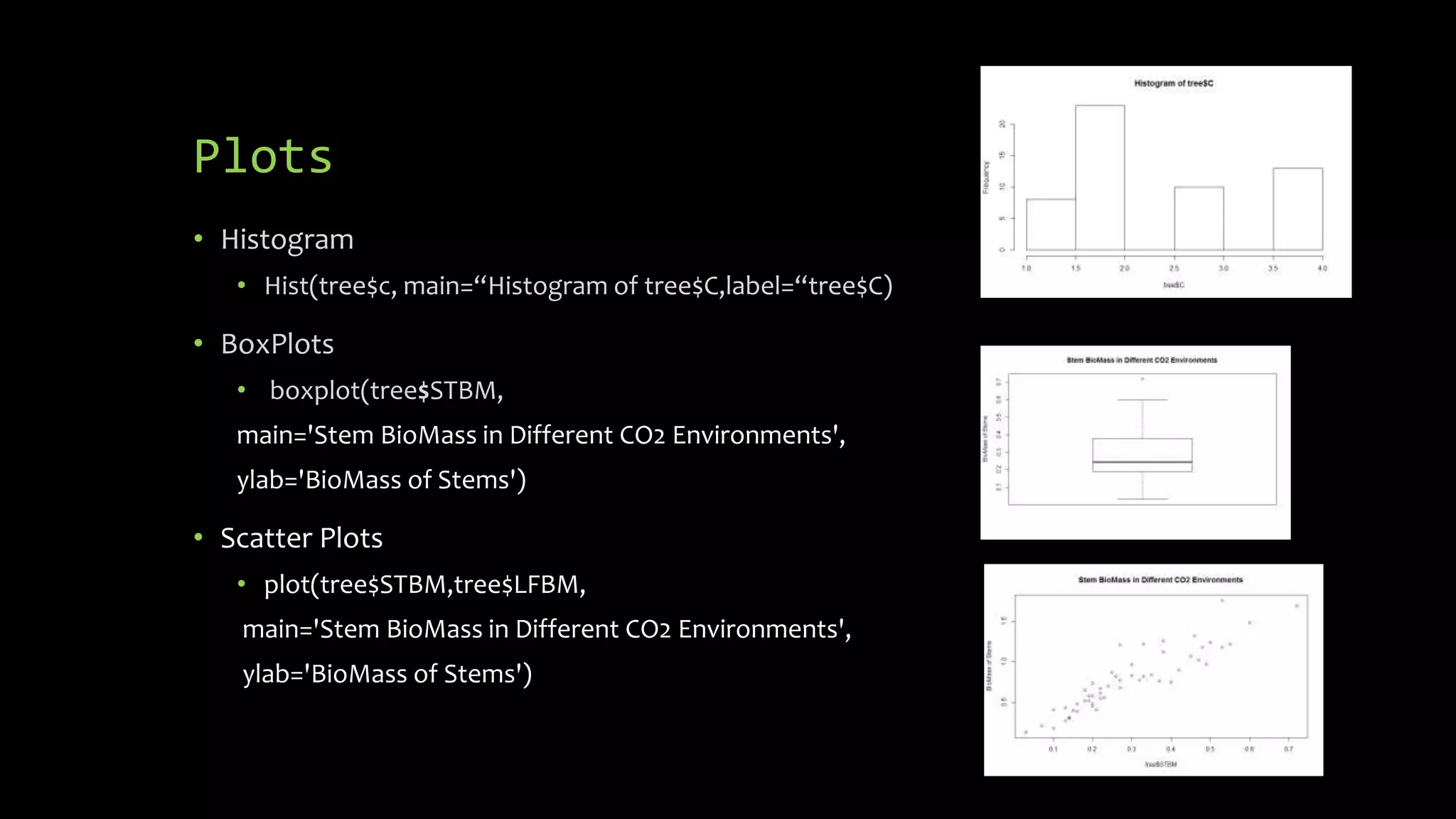 Plots
• Histogram
• Hist(tree$c, main=“Histogram of tree$C,label=“tree$C)
• BoxPlots
• boxplot(tree$STBM,
main='Stem BioMass in Different CO2 Environments',
ylab='BioMass of Stems')
• Scatter Plots
• plot(tree$STBM,tree$LFBM,
main='Stem BioMass in Different CO2 Environments',
ylab='BioMass of Stems')
 