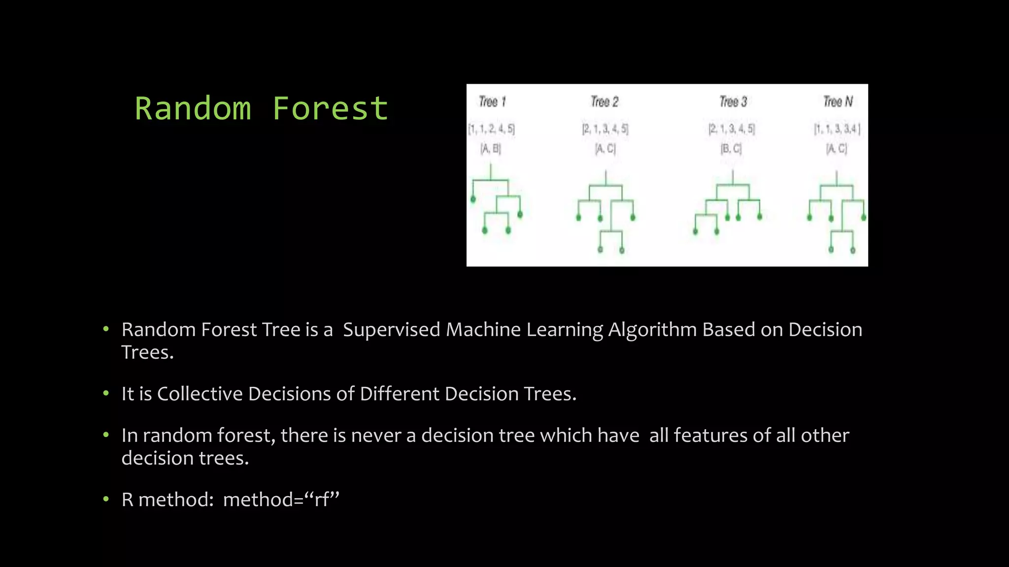 Random Forest
• Random Forest Tree is a Supervised Machine Learning Algorithm Based on Decision
Trees.
• It is Collective Decisions of Different Decision Trees.
• In random forest, there is never a decision tree which have all features of all other
decision trees.
• R method: method=“rf”
 