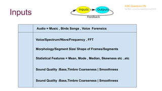 Inputs
ASK Questions ON
twitter.com/puneetarora2000
Audio = Music , Birds Songs , Voice Forensics
Voice/Spectrum/Wave/Frequency , FFT
Morphology/Segment Size/ Shape of Frames/Segments
Statistical Features = Mean, Mode , Median, Skewness etc ..etc
Sound Quality :Bass,Timbre Coarseness | Smoothness
Sound Quality :Bass,Timbre Coarseness | Smoothness
 