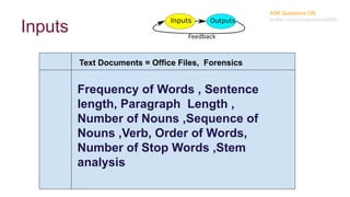 Inputs
ASK Questions ON
twitter.com/puneetarora2000
Text Documents = Office Files, Forensics
Frequency of Words , Sentence
length, Paragraph Length ,
Number of Nouns ,Sequence of
Nouns ,Verb, Order of Words,
Number of Stop Words ,Stem
analysis
 