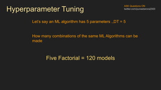 ASK Questions ON
twitter.com/puneetarora2000
Hyperparameter Tuning
Let’s say an ML algorithm has 5 parameters .,DT = 5
How many combinations of the same ML Algorithms can be
made
Five Factorial = 120 models
 