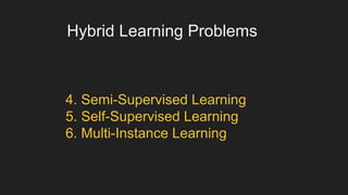 Hybrid Learning Problems
4. Semi-Supervised Learning
5. Self-Supervised Learning
6. Multi-Instance Learning
 