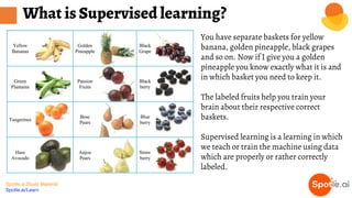 Spotle.ai Study Material
Spotle.ai/Learn
What is Supervised learning?
You have separate baskets for yellow
banana, golden pineapple, black grapes
and so on. Now if I give you a golden
pineapple you know exactly what it is and
in which basket you need to keep it.
The labeled fruits help you train your
brain about their respective correct
baskets.
Supervised learning is a learning in which
we teach or train the machine using data
which are properly or rather correctly
labeled.
 