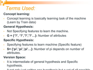 Terms Used:
Concept learning:
• Concept learning is basically learning task of the machine
(Learn by Train data)
General Hypothesis:
• Not Specifying features to learn the machine.
• G = {‘?’, ‘?’,’?’,’?’…}: Number of attributes
Specific Hypothesis:
• Specifying features to learn machine (Specific feature)
• S= {‘pi’,’pi’,’pi’…}: Number of pi depends on number of
attributes.
Version Space:
• It is intermediate of general hypothesis and Specific
hypothesis.
 