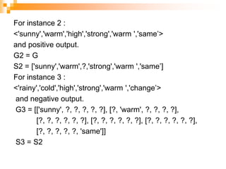For instance 2 :
<'sunny','warm','high','strong','warm ','same’>
and positive output.
G2 = G
S2 = ['sunny','warm',?,'strong','warm ','same’]
For instance 3 :
<'rainy','cold','high','strong','warm ','change’>
and negative output.
G3 = [['sunny', ?, ?, ?, ?, ?], [?, 'warm', ?, ?, ?, ?],
[?, ?, ?, ?, ?, ?], [?, ?, ?, ?, ?, ?], [?, ?, ?, ?, ?, ?],
[?, ?, ?, ?, ?, 'same']]
S3 = S2
 