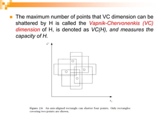  The maximum number of points that VC dimension can be
shattered by H is called the Vapnik-Chervonenkis (VC)
dimension of H, is denoted as VC(H), and measures the
capacity of H.
 